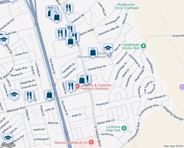 map of restaurants, bars, coffee shops, grocery stores, and more near 2905 Los Amigos Court in Las Cruces