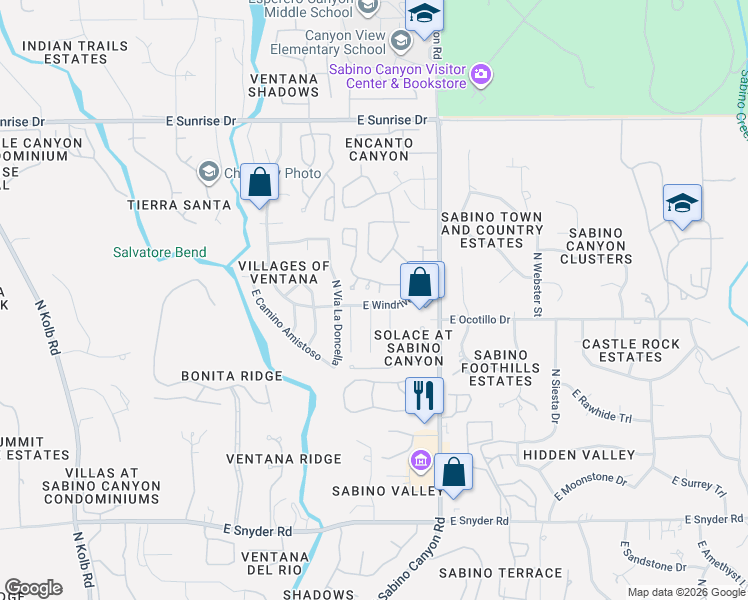 map of restaurants, bars, coffee shops, grocery stores, and more near 7735 East Windriver Drive in Tucson