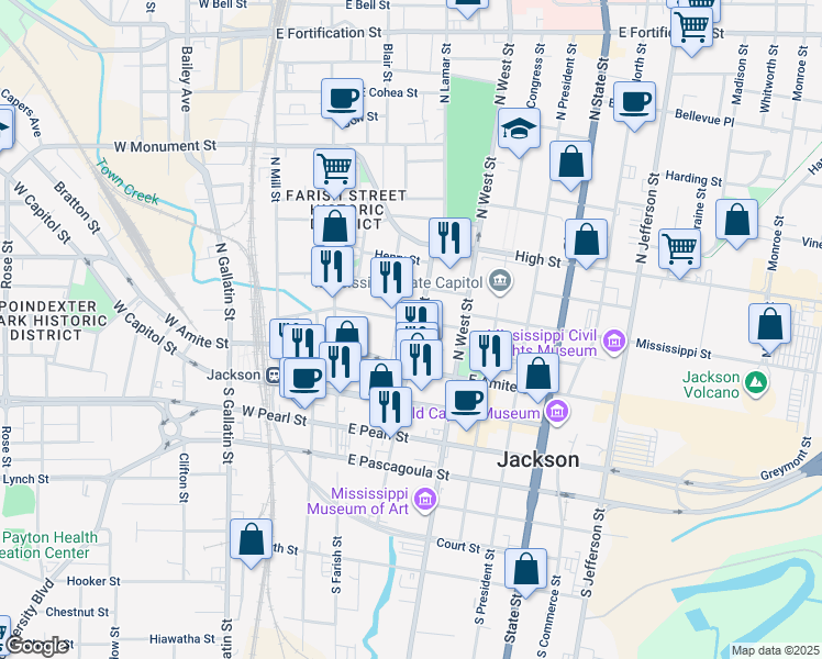 map of restaurants, bars, coffee shops, grocery stores, and more near 239 North Lamar Street in Jackson