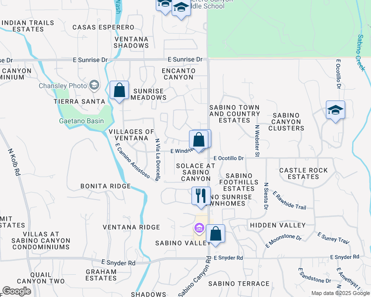 map of restaurants, bars, coffee shops, grocery stores, and more near 7807 East Windriver Drive in Tucson