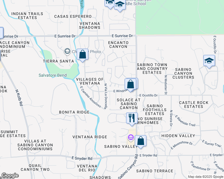 map of restaurants, bars, coffee shops, grocery stores, and more near 7735 East Windriver Drive in Tucson