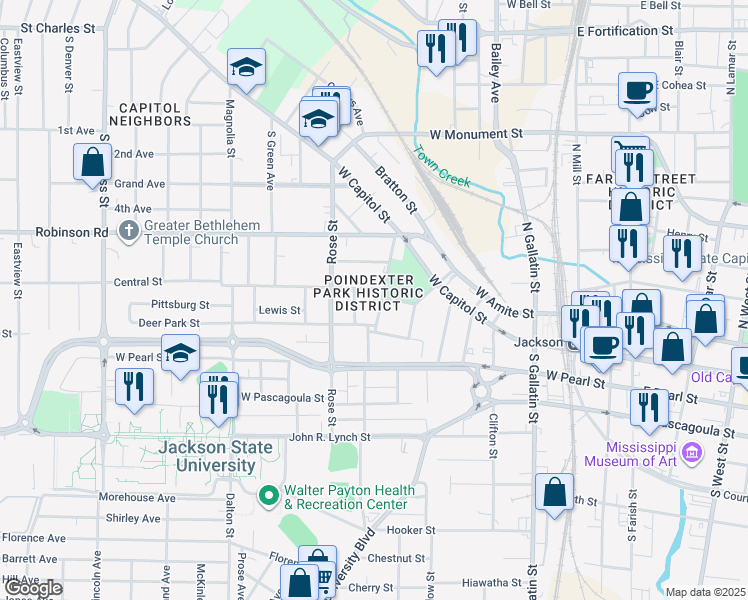 map of restaurants, bars, coffee shops, grocery stores, and more near 313 Poindexter St in Jackson