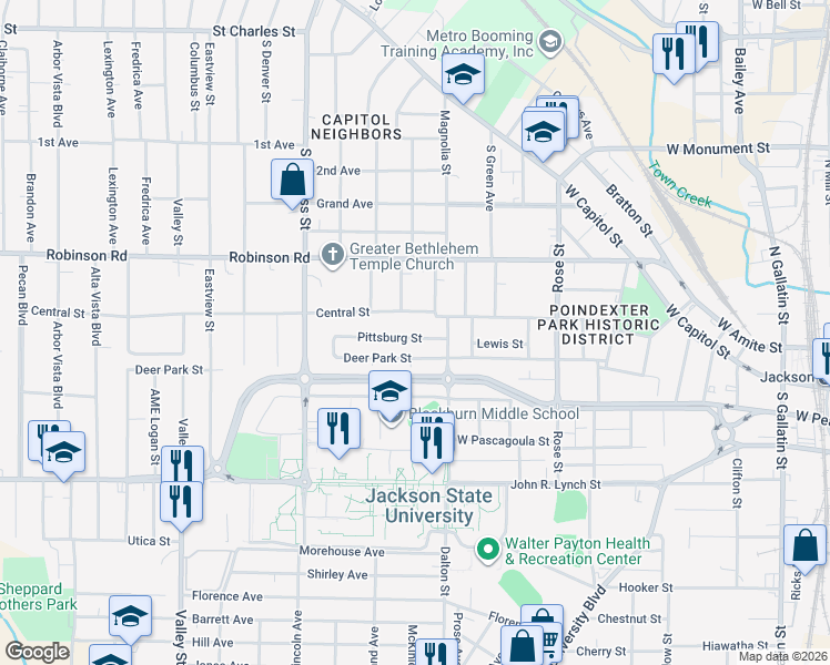map of restaurants, bars, coffee shops, grocery stores, and more near 1230 Pittsburg St in Jackson