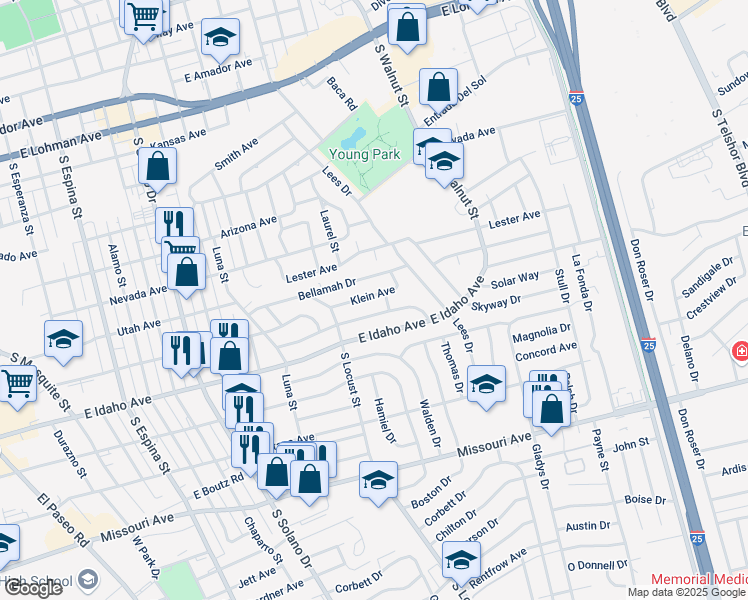 map of restaurants, bars, coffee shops, grocery stores, and more near 1932 Klein Avenue in Las Cruces