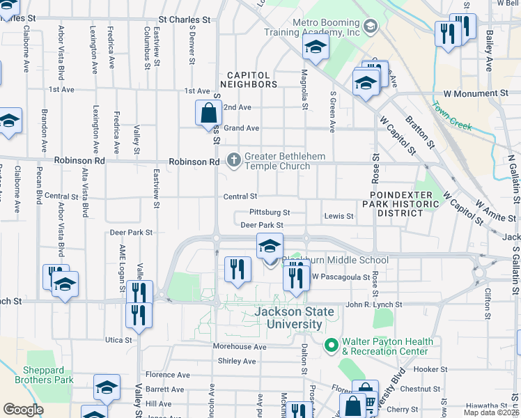 map of restaurants, bars, coffee shops, grocery stores, and more near 1248 Pittsburg Street in Jackson