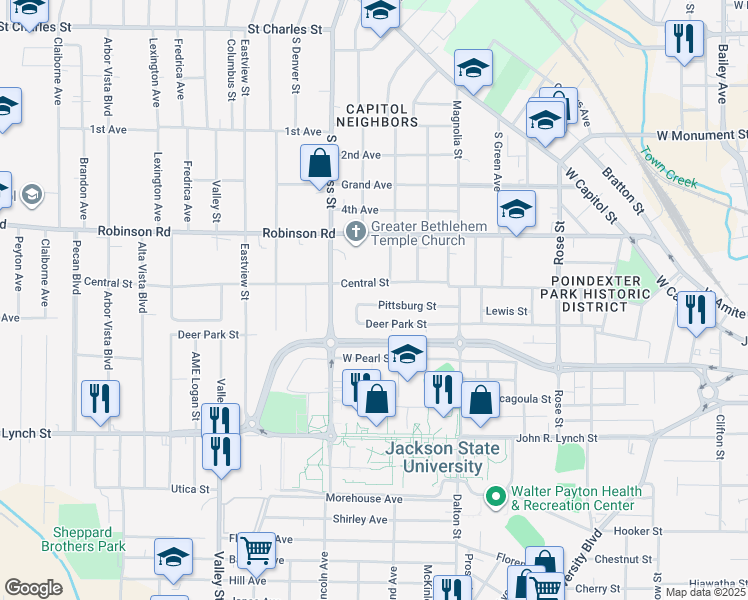 map of restaurants, bars, coffee shops, grocery stores, and more near 1544 Pittsburg Street in Jackson
