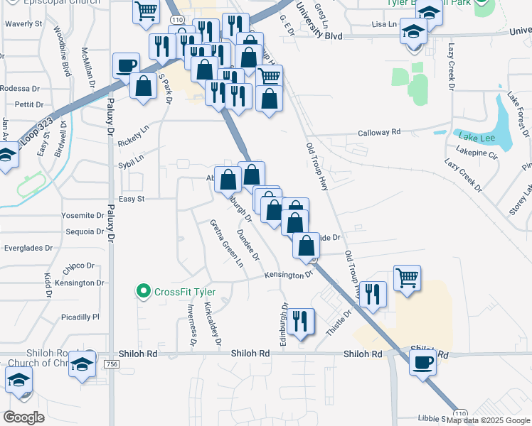 map of restaurants, bars, coffee shops, grocery stores, and more near 4503 Troup Highway in Tyler