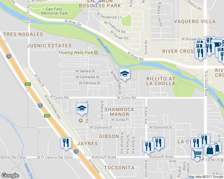 map of restaurants, bars, coffee shops, grocery stores, and more near 5233 North Myakka Avenue in Tucson