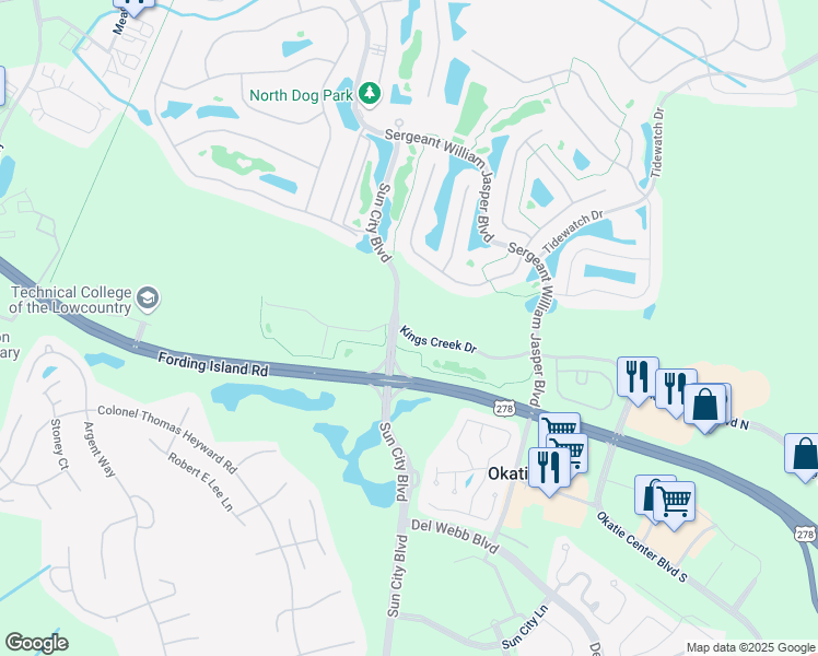 map of restaurants, bars, coffee shops, grocery stores, and more near 92 Kings Creek Drive in Bluffton