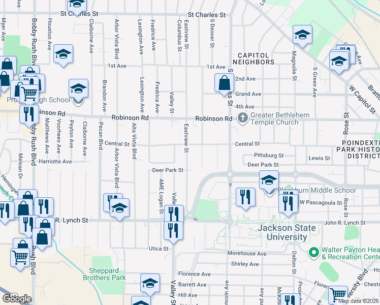 map of restaurants, bars, coffee shops, grocery stores, and more near 822 Eastview Street in Jackson