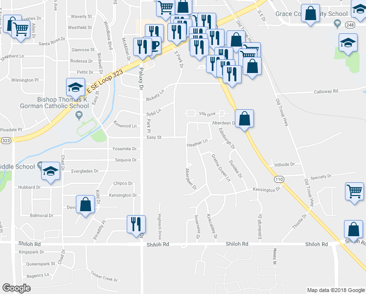 map of restaurants, bars, coffee shops, grocery stores, and more near 4417 Aberdeen Drive in Tyler