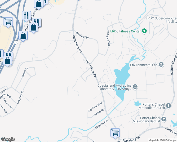 map of restaurants, bars, coffee shops, grocery stores, and more near 106 Hawkins Street in Vicksburg
