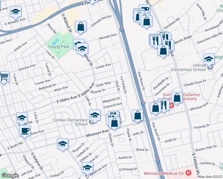 map of restaurants, bars, coffee shops, grocery stores, and more near 2312 Skyway Drive in Las Cruces