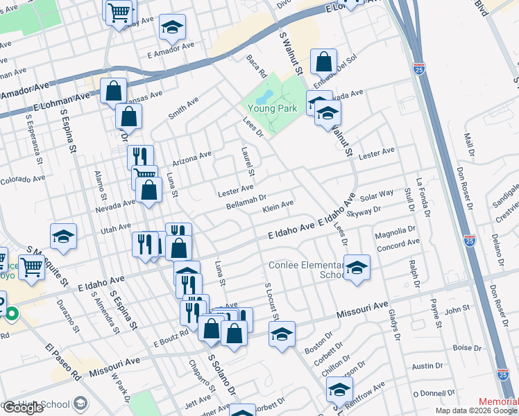 map of restaurants, bars, coffee shops, grocery stores, and more near 1905 Klein Avenue in Las Cruces