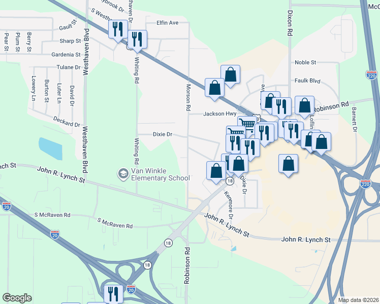 map of restaurants, bars, coffee shops, grocery stores, and more near 4445 Dixie Drive in Jackson