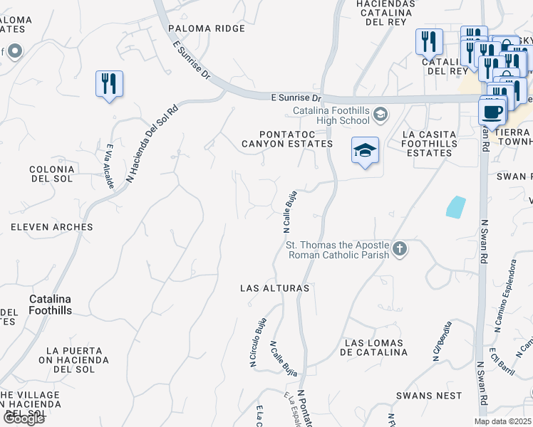 map of restaurants, bars, coffee shops, grocery stores, and more near 4128 East Bujia Segunda in Tucson