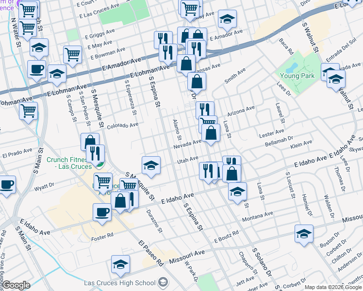 map of restaurants, bars, coffee shops, grocery stores, and more near 1098 Nevada Avenue in Las Cruces