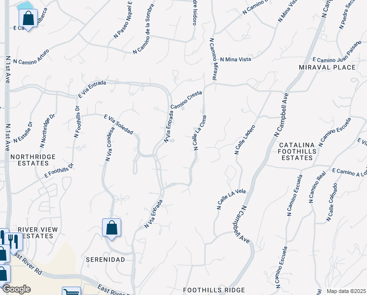 map of restaurants, bars, coffee shops, grocery stores, and more near 5231 North Calle La Cima in Tucson