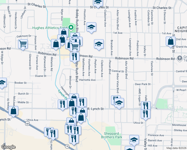 map of restaurants, bars, coffee shops, grocery stores, and more near 1061 Peyton Ave in Jackson