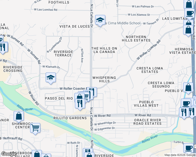 map of restaurants, bars, coffee shops, grocery stores, and more near 5225 North Whispering Hills Lane in Tucson