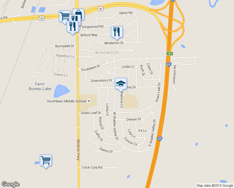 map of restaurants, bars, coffee shops, grocery stores, and more near 5213 West Shades Valley Drive in Montgomery