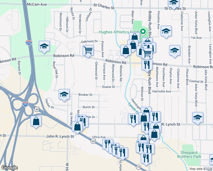 map of restaurants, bars, coffee shops, grocery stores, and more near 1052 Terrace Avenue in Jackson