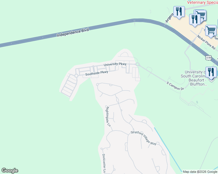 map of restaurants, bars, coffee shops, grocery stores, and more near 130 Lazy Daisy Drive in Bluffton