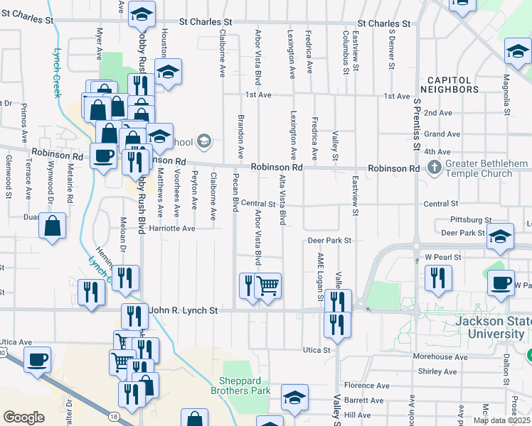 map of restaurants, bars, coffee shops, grocery stores, and more near 1014 Arbor Vista Boulevard in Jackson