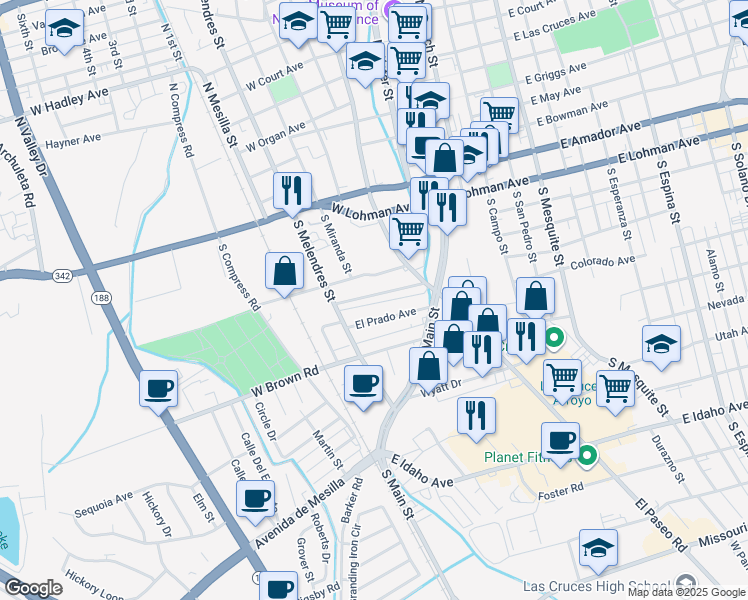 map of restaurants, bars, coffee shops, grocery stores, and more near 475 La Colonia Avenue in Las Cruces