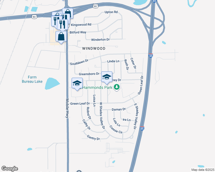map of restaurants, bars, coffee shops, grocery stores, and more near 5225 Patricia Lane in Montgomery