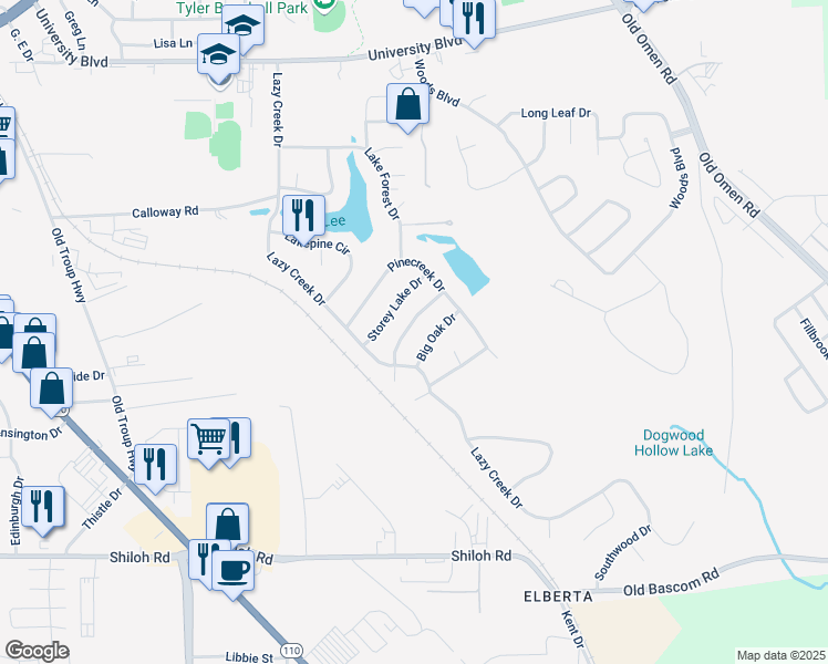 map of restaurants, bars, coffee shops, grocery stores, and more near 3311 Pebblebrook Dr in Tyler