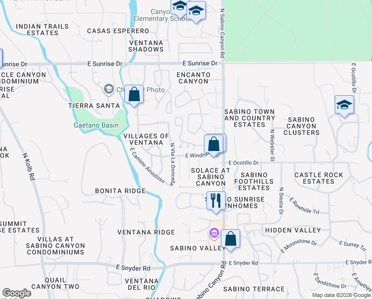 map of restaurants, bars, coffee shops, grocery stores, and more near 7735 East Windriver Drive in Tucson