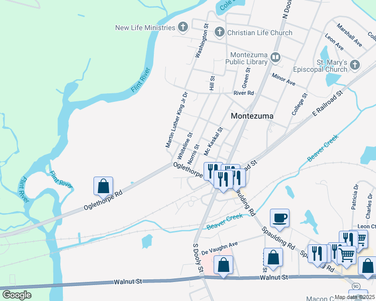 map of restaurants, bars, coffee shops, grocery stores, and more near 305 Asbury Street in Montezuma