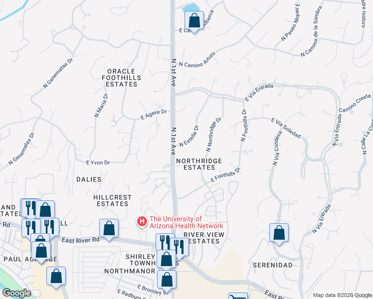 map of restaurants, bars, coffee shops, grocery stores, and more near 5310 North Estelle Drive in Tucson