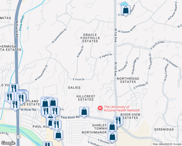 map of restaurants, bars, coffee shops, grocery stores, and more near 425 East Yvon Drive in Tucson