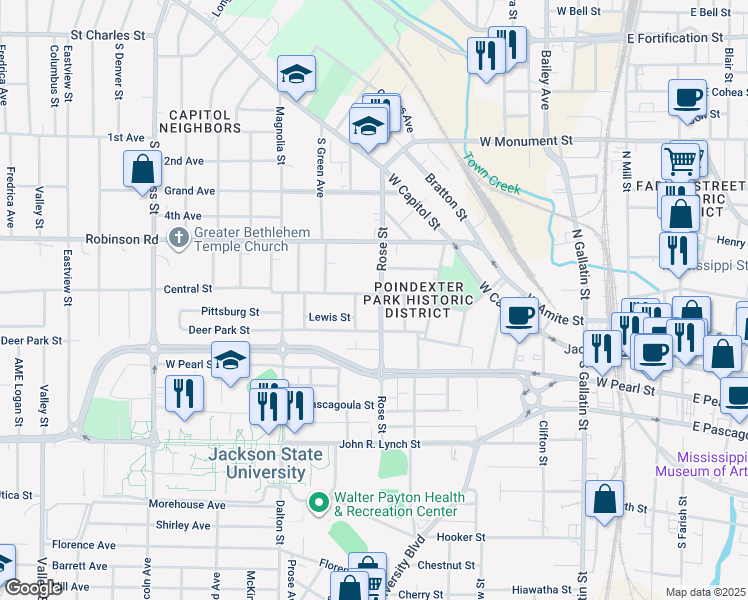map of restaurants, bars, coffee shops, grocery stores, and more near 1013 Central Street in Jackson