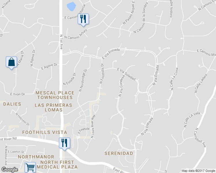 map of restaurants, bars, coffee shops, grocery stores, and more near 5240 North Foothills Drive in Tucson