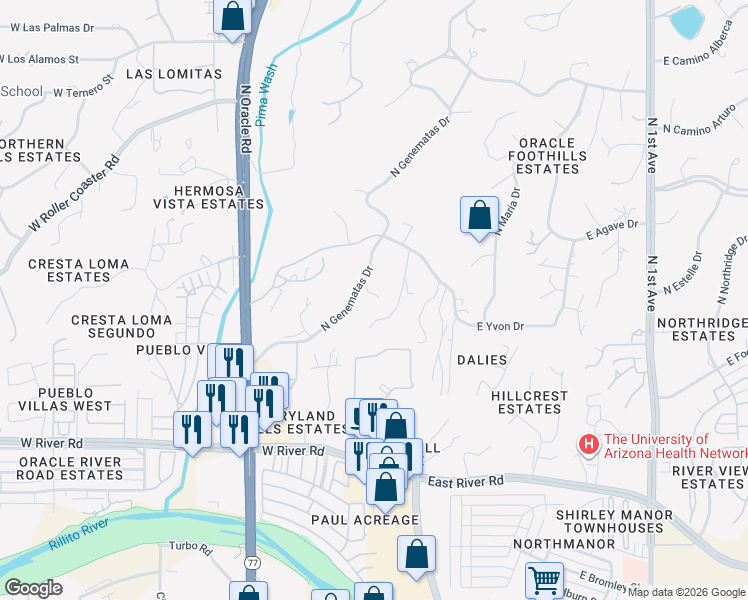 map of restaurants, bars, coffee shops, grocery stores, and more near 5290 North Genematas Drive in Tucson