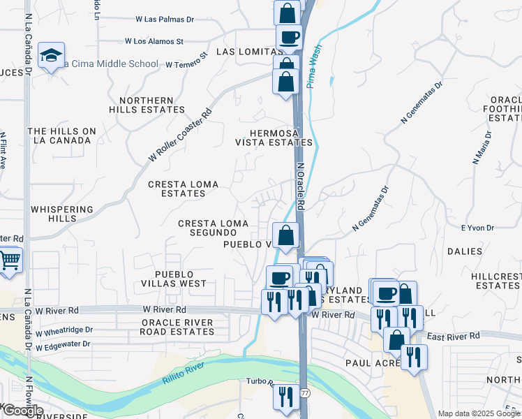 map of restaurants, bars, coffee shops, grocery stores, and more near 5233 North Pueblo Villas Drive in Tucson