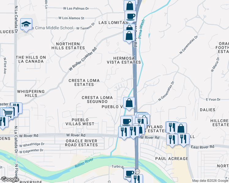 map of restaurants, bars, coffee shops, grocery stores, and more near 5280 North Placita Cresta Loma in Tucson