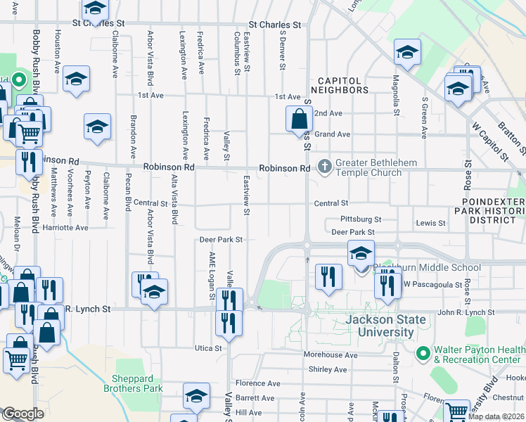 map of restaurants, bars, coffee shops, grocery stores, and more near 822 Eastview Street in Jackson