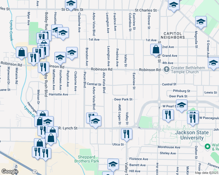 map of restaurants, bars, coffee shops, grocery stores, and more near 1016 Alta Vista Boulevard in Jackson