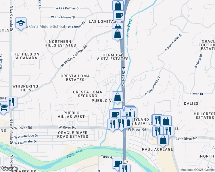 map of restaurants, bars, coffee shops, grocery stores, and more near 5233 North Pueblo Villas Drive in Tucson