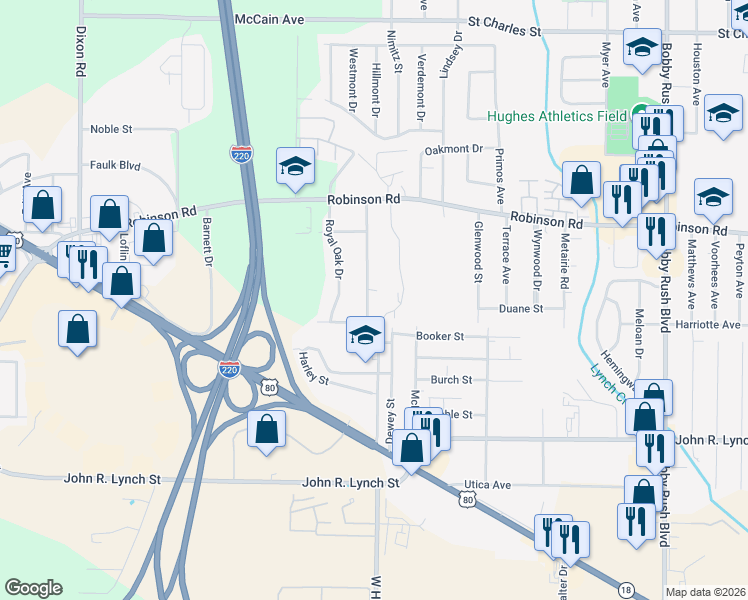 map of restaurants, bars, coffee shops, grocery stores, and more near 980 West Ridge Drive in Jackson