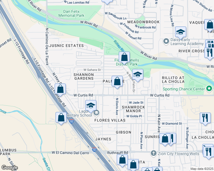 map of restaurants, bars, coffee shops, grocery stores, and more near 2870 West Palm Vista Street in Tucson