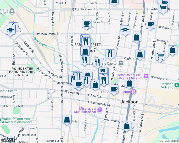 map of restaurants, bars, coffee shops, grocery stores, and more near 123 East Griffith Street in Jackson