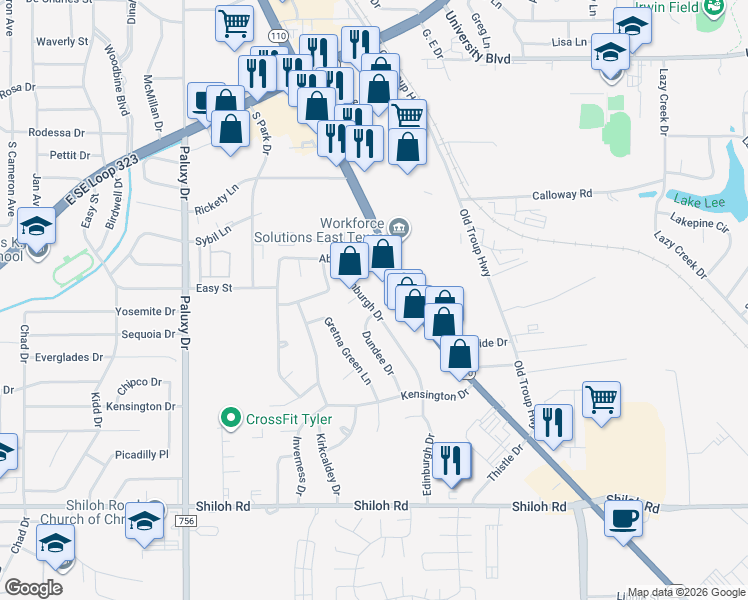 map of restaurants, bars, coffee shops, grocery stores, and more near 4427 Dundee Drive in Tyler