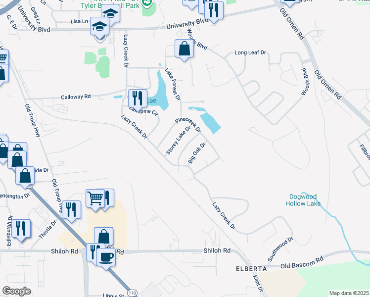 map of restaurants, bars, coffee shops, grocery stores, and more near 3312 Pebblebrook Drive in Tyler