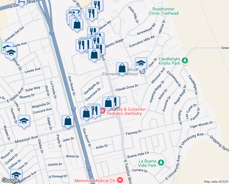 map of restaurants, bars, coffee shops, grocery stores, and more near 2905 Los Amigos Court in Las Cruces