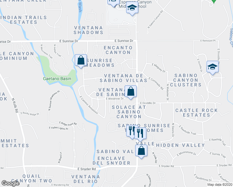 map of restaurants, bars, coffee shops, grocery stores, and more near 7735 East Windriver Drive in Tucson